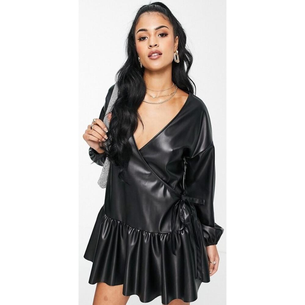ASOS Design Leather Look Wrap Front Mini Smock Dress Black Womens 8
